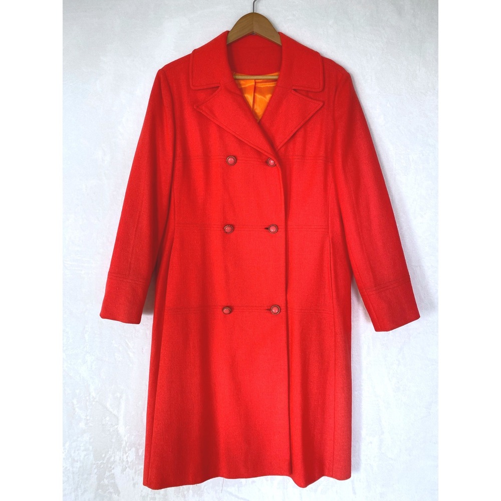 Vintage Wool Blend Coat Bold Orange‎ Double Breasted Retro Silk Lined Medium